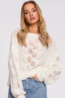 Swetry damskie - Sweter Z Ażurowym Wzorem - ecru - grafika 1