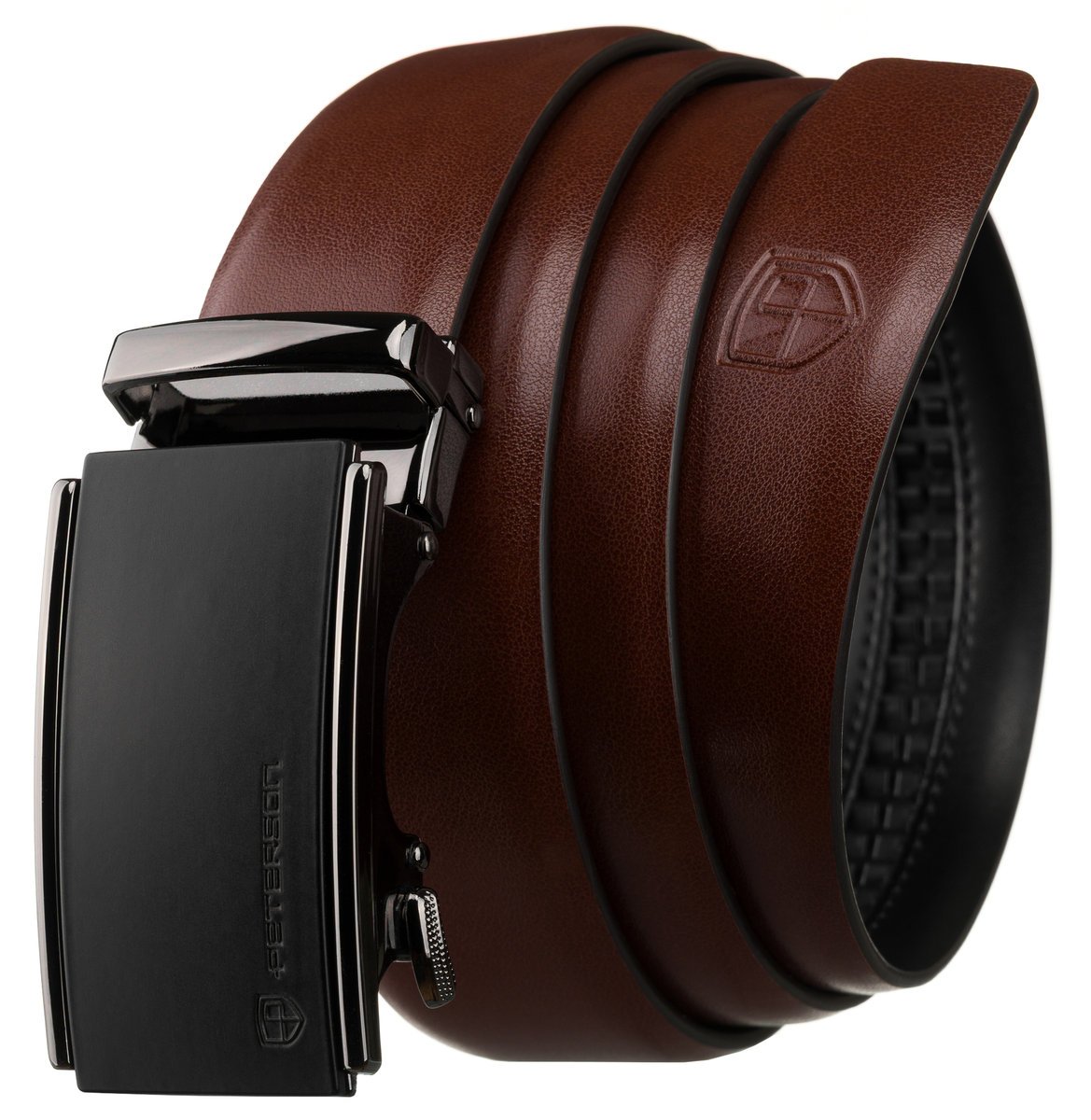 Brązowy pasek męski do spodni 125 skórzany automat PETERSON czarna elegancka klamra casualowy do garnituru