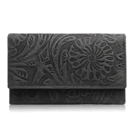 Portfele - Portfel Damski Skórzany Vintage W Kwiaty Czarny Duży Poziomy T-108-Hbl - miniaturka - grafika 1