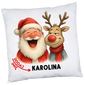 Poduszki dekoracyjne - Poduszka z imieniem na klasowe Mikołajki z Mikołajem i reniferem na prezent na Mikołajki w klasie - wzór renifer79 - miniaturka - grafika 1