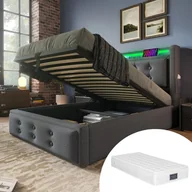 Łóżka - Łóżko tapicerowane 90x200 cm, łóżko pojedyncze, hydrauliczne z drewnianym stelażem i metalową ramą, szare, bawełniane (z materacem) - miniaturka - grafika 1