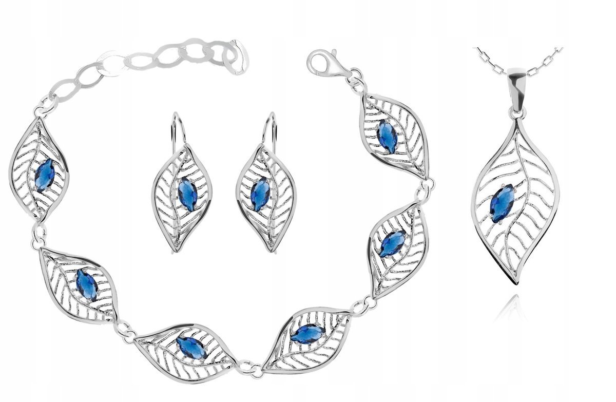 Srebrny Komplet Biżuterii Z Cyrkoniami Listki
