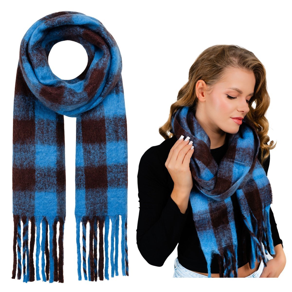 Szalik Zimowy Niebieski Duży Puszysty z Frędzlami Przyjemny Ciepły Wygodny