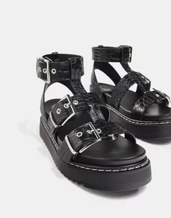 Sandały damskie - Bershka Sandały Na Platformie Z Wytłaczanym Zwierzęcym Wzorem I Klamrami Kobieta 36 Czarny - grafika 1