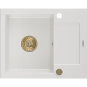 Zlewozmywaki - Mexen Enzo zlewozmywak granitowy 1-komorowy z ociekaczem 576 x 465 mm, biały, syfon złoty - miniaturka - grafika 1