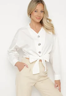 Biała Bawełniana Koszula o Krótkim Kroju z Wiązaniem i Ozdobnymi Guzikami Lililva - Koszule damskie - miniaturka - grafika 1