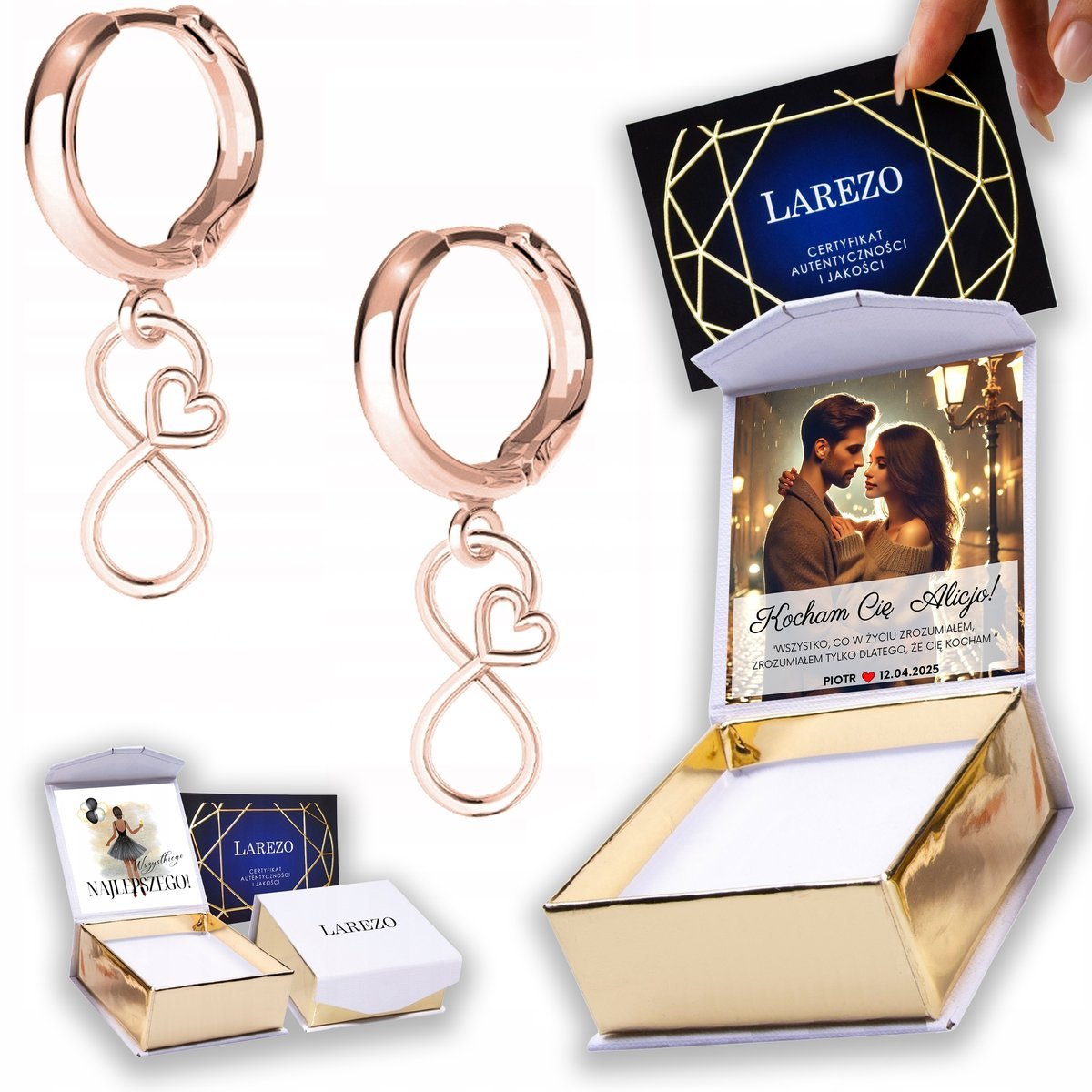 Kolczyki Pozłacane 925 Serca z Nieskończonością Ósemki Serduszka NADRUK