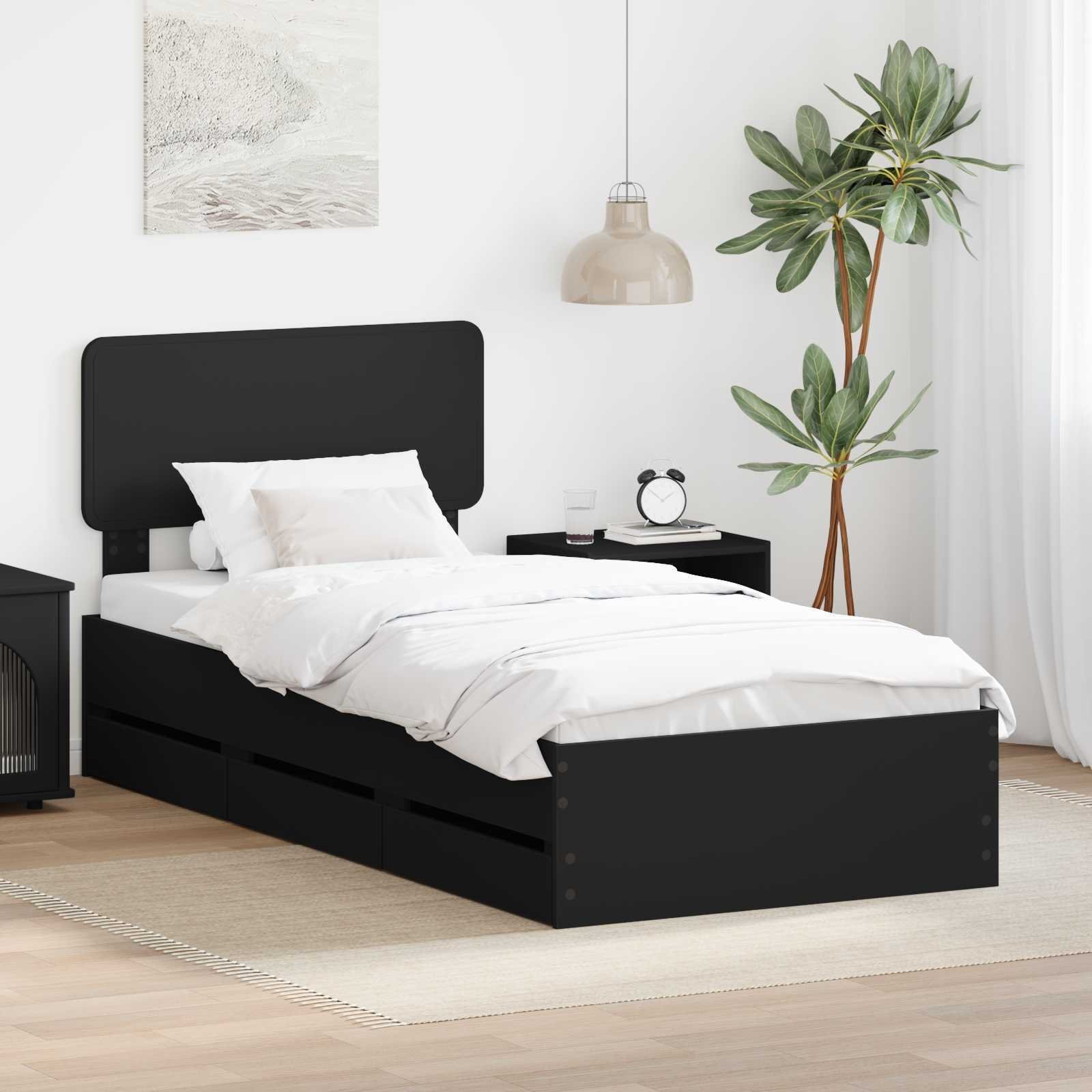 vidaXL Ramka łóżka z szufladą Czarny 90 x 200 cm Drewno inżynieryjne