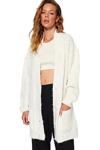 Trendyol FeMan Oversize Basic kardigan z dzianiny z dekoltem w serek, ecru, M, Ecru, M - Swetry damskie - miniaturka - grafika 1