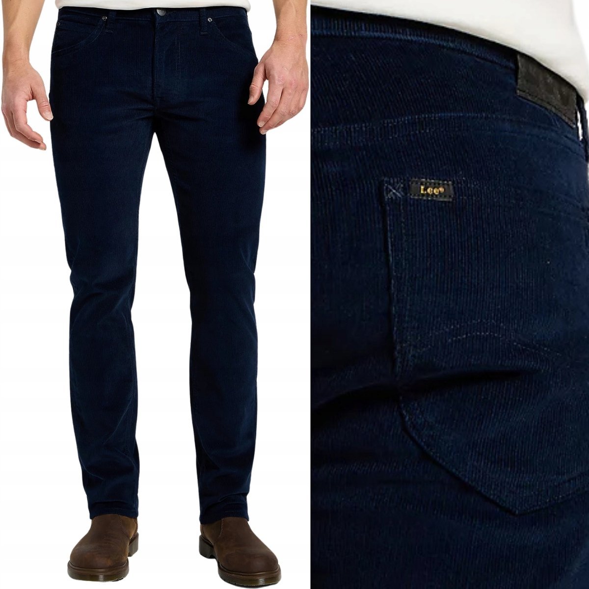 Lee DAREN Rivet Navy granatowe proste spodnie sztruksy niższy stan W30 L32