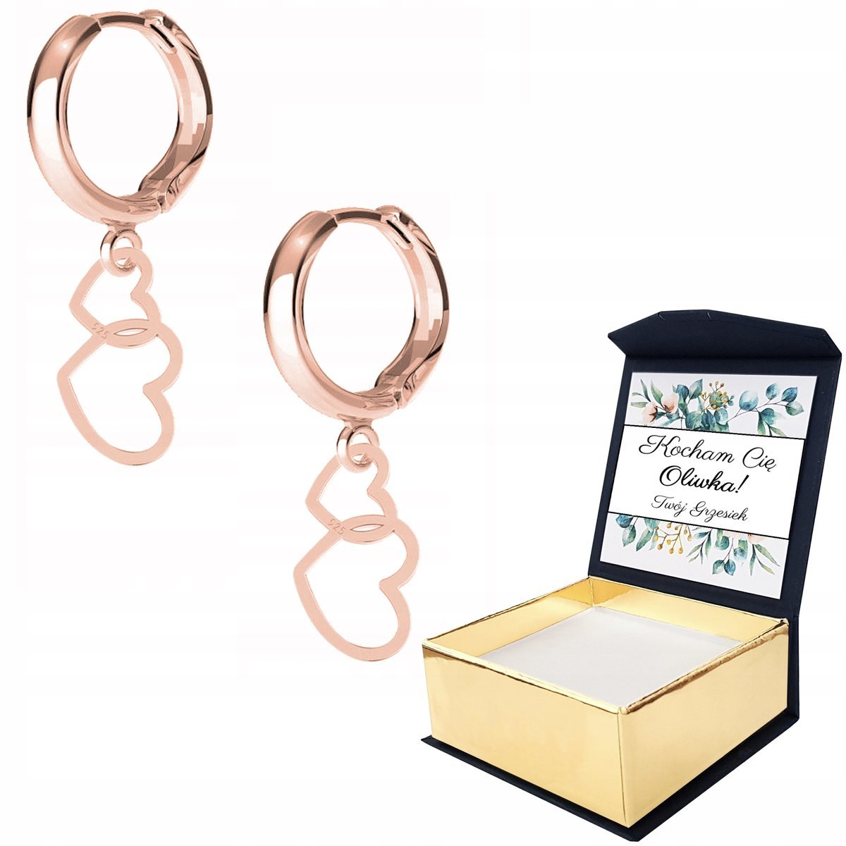 Kolczyki różowe złoto Dwa Serca + WŁASNY NADRUK