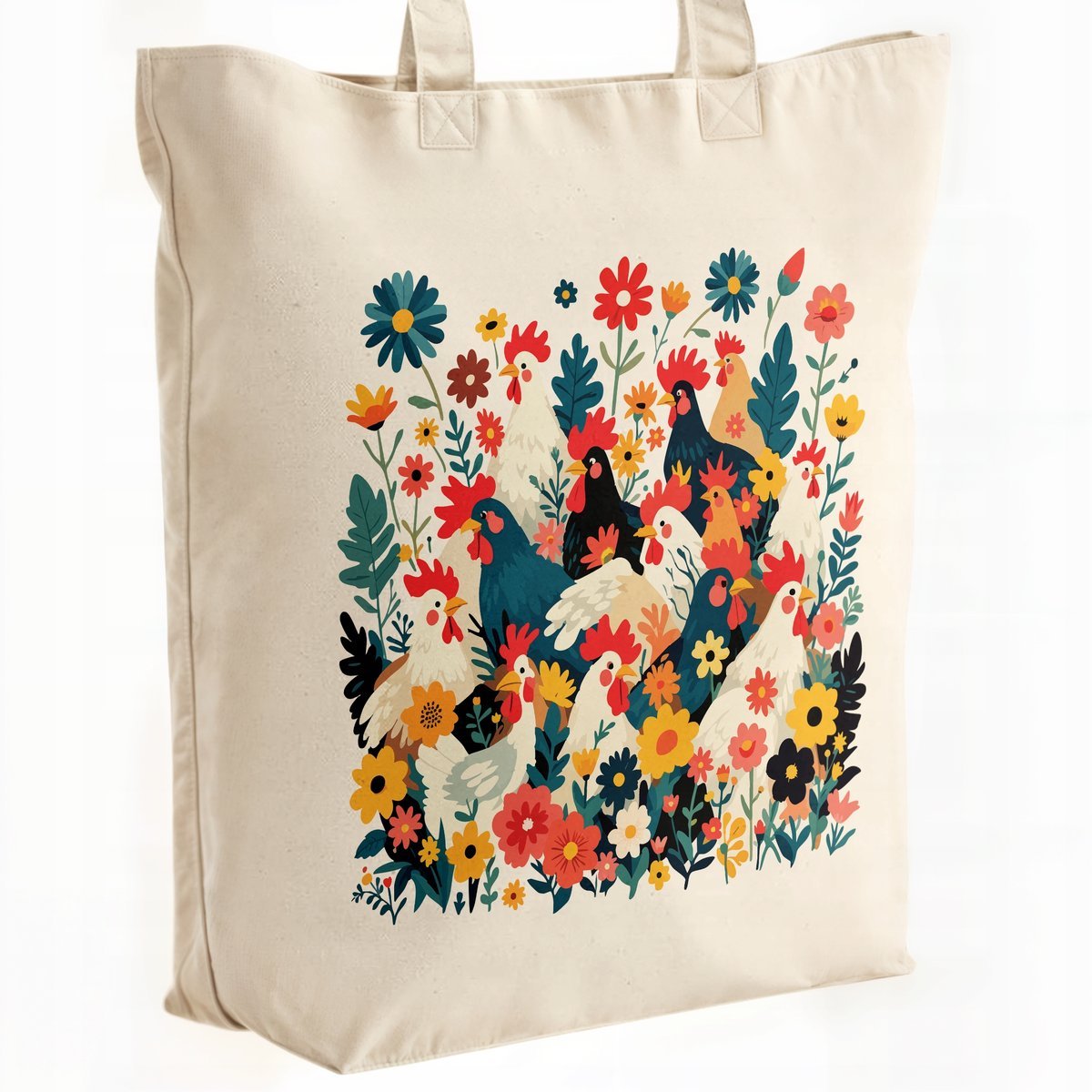 Torba bawełniana premium na zakupy Kury Kwiaty Kolaż Motyw Folklor Prezent