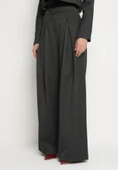 Spodnie damskie - Ciemnoszare Szerokie Spodnie Garniturowe z Wiskozą z Zakładkami i Wsuwanymi Kieszeniami Gelobria - miniaturka - grafika 1