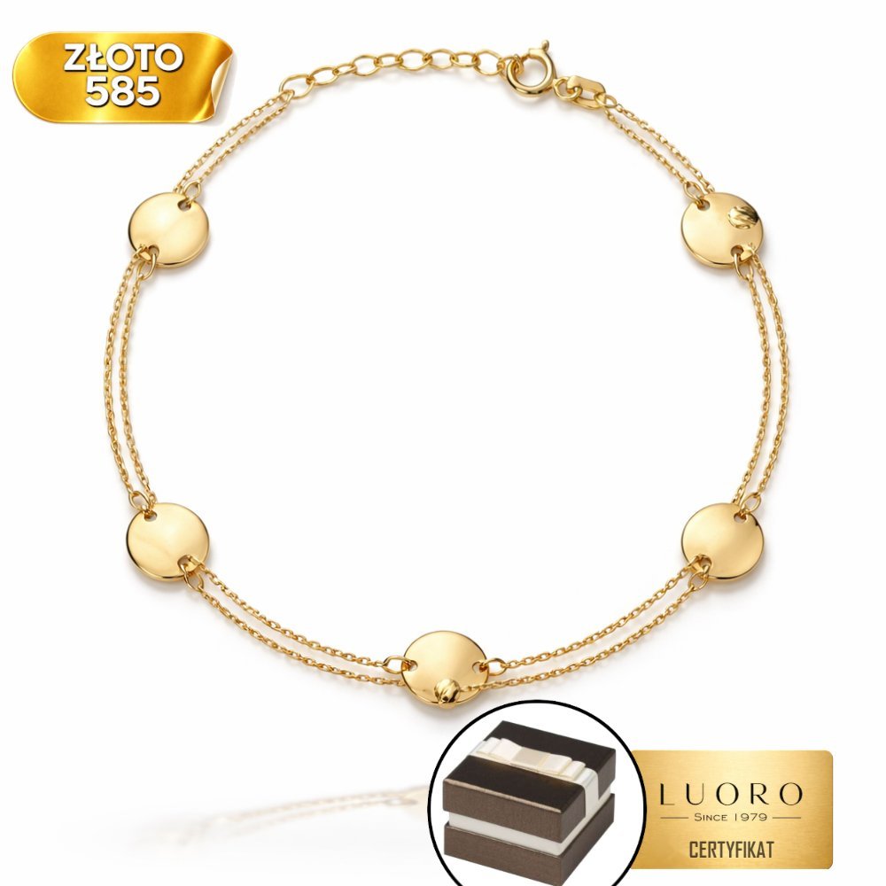 BRANSOLETKA ZŁOTA 585 14K PEŁNE KÓŁKA DIAMENTOWANE KULKI PODWÓJNY ŁAŃCUSZEK 17 CM