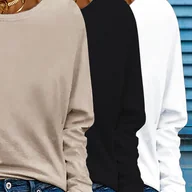 Bluzki damskie - TEMU 3 szt. Damskie Bluzy z Długim Rękawem – Jednokolorowe Casual Topy na Wiosnę i Jesień, Pranie Maszynowe, Regular Fit - miniaturka - grafika 1