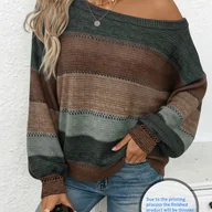 Swetry damskie - TEMU Swobodny sweter w paski z odkrytymi ramionami Luźne rękawy typu lantern, nadruk na całej powierzchni, średnio elastyczny materiał, idealny na - miniaturka - grafika 1