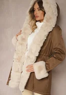 Kurtki damskie - Beżowo-Brązowa Kurtka Typu Parka z Kapturem Zdobiona Futerkiem z Możliwością Odpięcia Valinora - miniaturka - grafika 1
