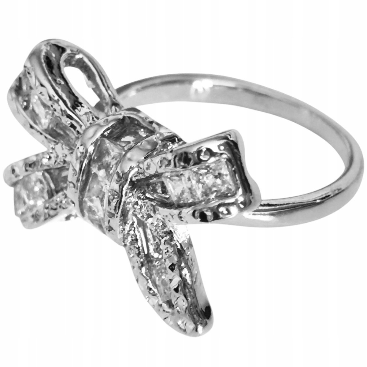 Srebrny Pierścionek Kokarda Kwadratowe Cyrkonie Stal Szlachetna