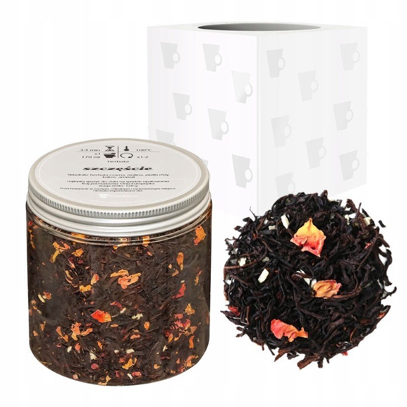 Czarna herbata SZCZĘŚCIE malina płatki róży kokos 120g - sypana liściasta herbata PREMIUM na prezent upominek podarunek Cup&You