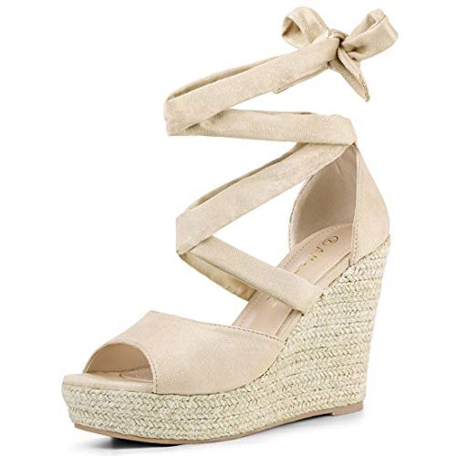 Allegra K Damskie sznurowane espadryle sandały na koturnie, BEŻOWY, 38 EU