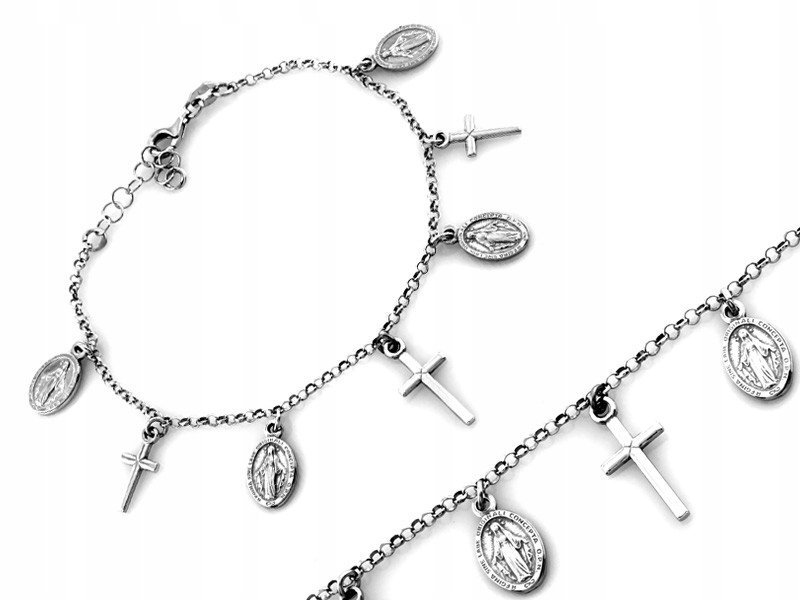 Bransoletka srebrna 925 z wiszącymi medalikami i krzyżykami rozmiar 19