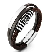 Bransolety męskie - Bransoletka męska skórzana brązowa srebrna stal 316L prezent 23cm - miniaturka - grafika 1