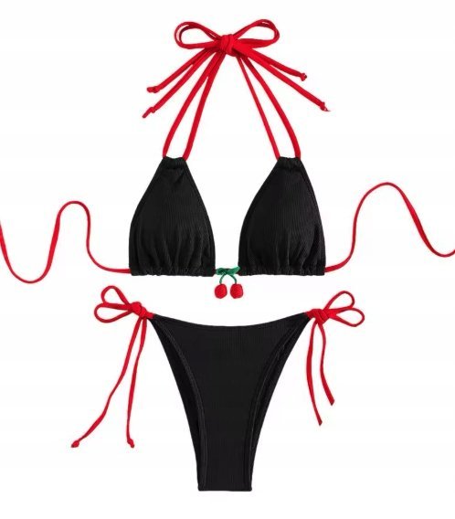 Czarne Bikini Z Wiśniowym Wzorem Strój Kąpielowy Dwuczęściowy Wisienki M