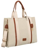 Torebki damskie - Duża torebka damska do ręki lub na ramię beżowo - brązowa ze skóry ekologicznej i włókna canvas PETERSON pojemna mieści A4 shopperka na suwak kieszo.. - miniaturka - grafika 1