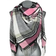 Apaszki i szaliki damskie - Chusta damska bawełniana KRATA ciepła duża 140x140 z frędzlami REC-75-6 różowy - miniaturka - grafika 1