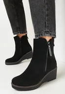 Botki damskie - Czarne Botki na Koturnie z Imitacji Zamszu Paurik - miniaturka - grafika 1