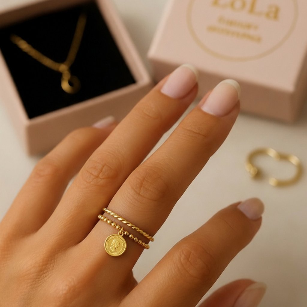 Zestaw złotych pierścionków - pleciony i zawieszka monety [Rozmiar pierścionków: US 8]