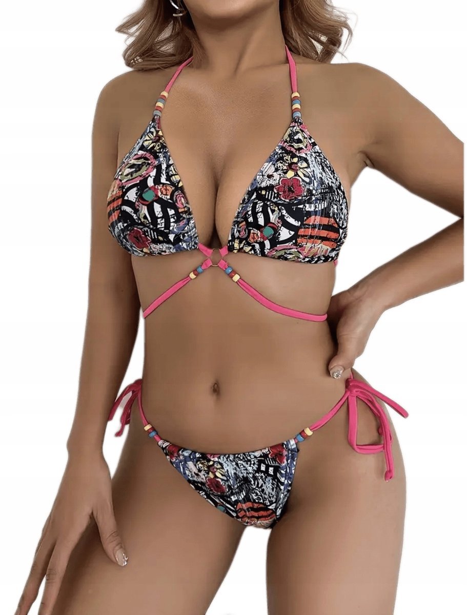 STRÓJ KĄPIELOWY BIKINI WZORZYSTY WIĄZANY rozmiar L