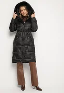 Kurtki damskie - Czarna Pikowana Kurtka o Długim Kroju ze Ściągaczem w Talii i Kapturem Galita - miniaturka - grafika 1