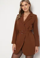 Marynarki i żakiety damskie - Brązowa Sukienkowa Marynarka z Paskiem w Talii Saathvika - miniaturka - grafika 1