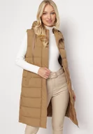 Kamizelki damskie - Beżowa Długa Pikowana Kamizelka Zapinana na Napy i Suwak Ishtar - miniaturka - grafika 1