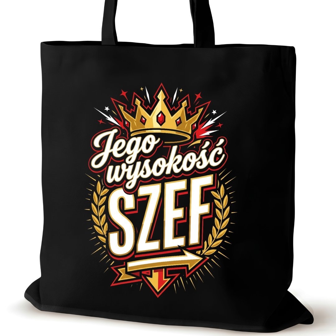 Czarna torba bawełniana dla SZEFA na ramię zakupowa śmieszna wysokość