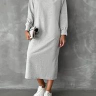 Sukienki - TEMU Kobieca Casualowa Sukienka z Rozcięciem, Okrągły Dekolt, Jednokolorowa Długa - miniaturka - grafika 1