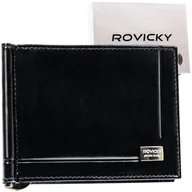 Portfele - Skórzany czarny poziomy portfel męski na banknoty etui na karty dokumenty ROVICKY banknotówka bez zapięcia ultra slim klips na banknoty ochrona RFID.. - miniaturka - grafika 1