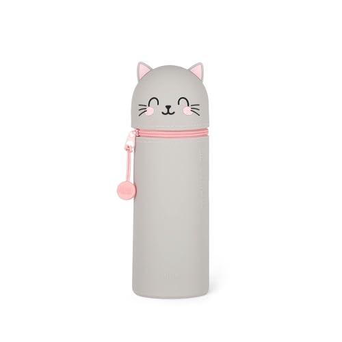 Legami - Miękki silikonowy piórnik szkolny 2 w 1 - Kawaii, etui w kształcie kota, uchwyt na pióro, silikonowy zamek błyskawiczny, woreczek na długopis, ołówki, markery, wys. 18,5 cm, Szary, Miękki