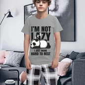 Inne - TEMU Zestaw Piżamy dla Nastolatków z Krótkim Rękawem i Kratowymi Szortami w Stylu Panda na Wiosnę/ 2025, Prosty Codzienny do Domu, Wygodny Zestaw w - miniaturka - grafika 1