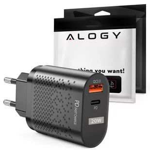 Ładowarka sieciowa Alogy szybka USB + USB-C Type C QC 3.0 PD 20W Czarna + Kabel USB-C - Ładowarki do telefonów - miniaturka - grafika 1