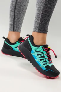 Czarne buty sportowe trekkingowe damskie na bieżnikowanej podeszwie z regulowaną elastyczną sznurówką pistacjowe wstawki Casu 2505-7W - Buty trekkingowe damskie - miniaturka - grafika 1