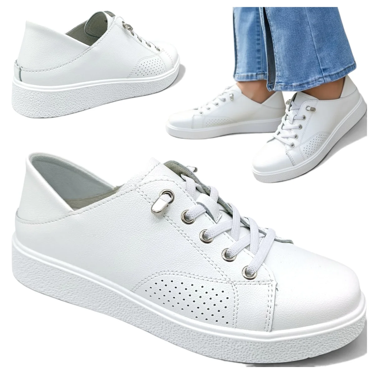 Sneakersy Damskie SKÓRZANE Wsuwane Półbuty Modne Białe Płaskie Vinceza 36