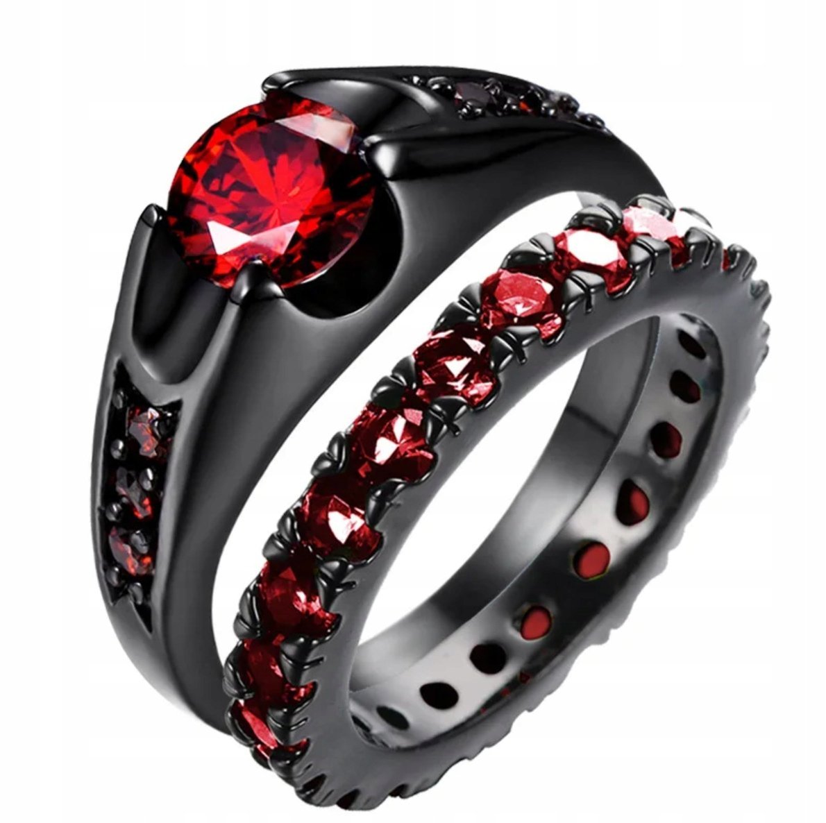 Pierścionek z Rubinem Brylant Czarny Ruby Gem Podwójny Stal Chirurgiczna