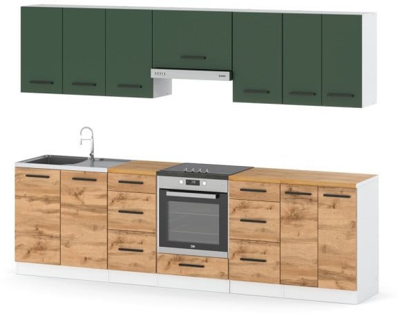 Kuchnia Duża Modułowa Z Blatem Roma 2.8m Biały Butelkowa Zieleń Dąb Wotan