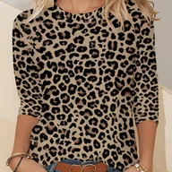 Bluzki damskie - TEMU Koszulka Damska z Nadrukiem - Długi Rękaw, Casualowa z Okrągłym Dekoltem, Regularna Długość, Wiosenno-Jesienna Moda z Brązowym Paskiem, Bluzka w - miniaturka - grafika 1