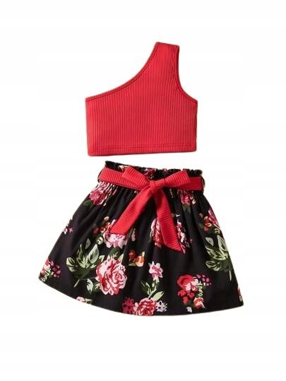 SHEIN KOMPLET DZIEWCZĘCY CZERWONY TOP I SPÓDNICA W KWIATY 110cm 11EE