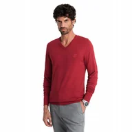 Swetry męskie - Klasyczny męski sweter w serek czerwony dekolt V-neck V20 OM-SWBS-0107 r. L - miniaturka - grafika 1