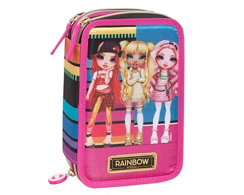 Franco Cosimo Panini RAINBOW HIGH - Oficjalna torba szkolna Rainbow High, piórnik z 3 przegródkami dla dziewczynek, z zestawem na artykuły pa, niebieski długopis Frixion i praktycznym zamkiem