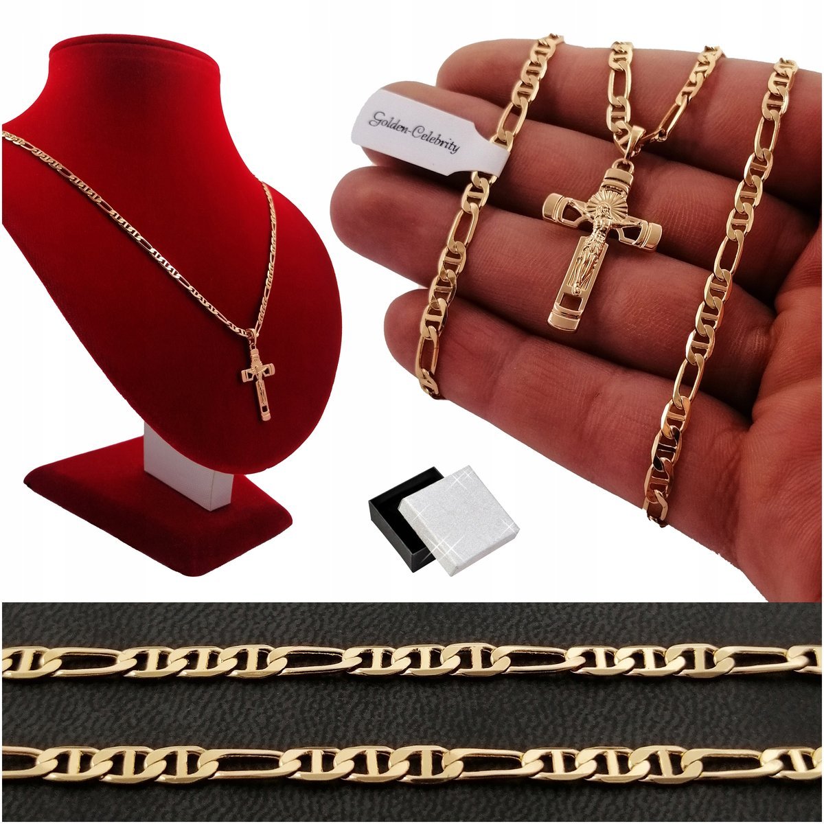 Męski Złoty Łańcuszek Z Krzyżykiem 18K Na Prezent